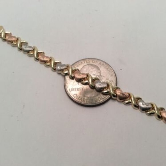 Lady 14k Tri-Color REAL Solid Gold XO Hearts and Kisses Cz Bracelet 7 1/4'' 5.3g - Picture 3 of 8